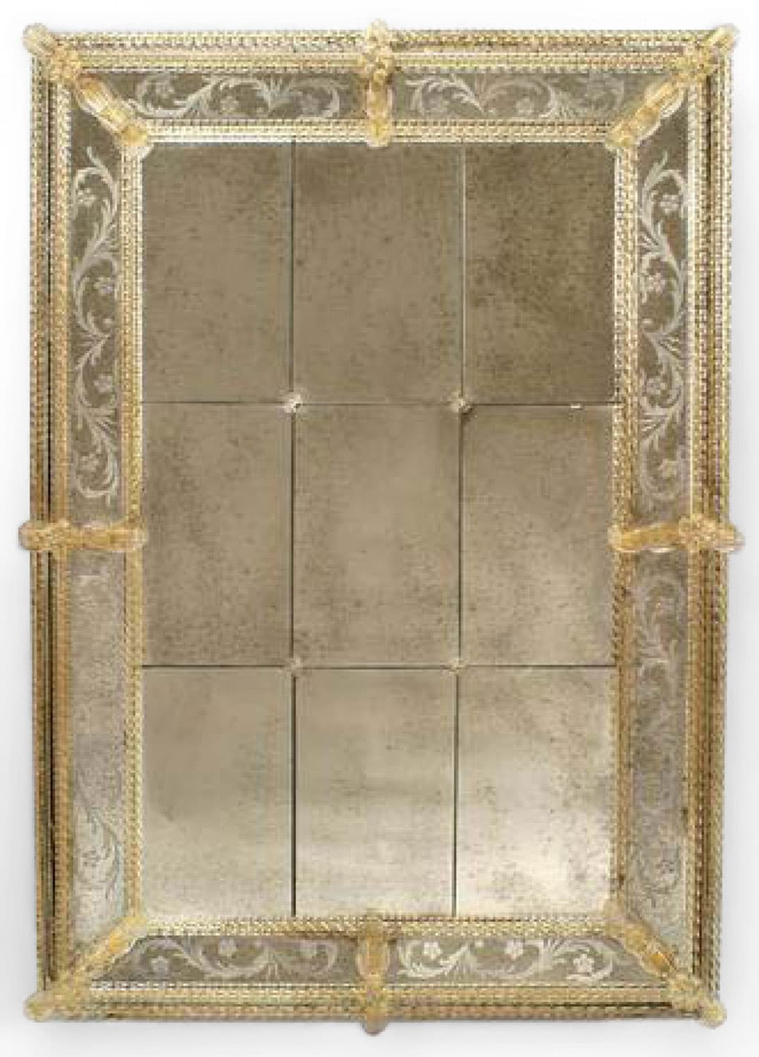 A rectangular mirror with a multi-paneled reflective surface and an ornate, gilded frame. The frame features decorative scrollwork and beaded detailing. The mirror itself is divided into nine equal square sections, appearing slightly aged or antiqued. — 3D model