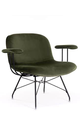 A low-slung lounge chair upholstered in dark olive green velvet, featuring a wide, contoured seat an… — 3D model
