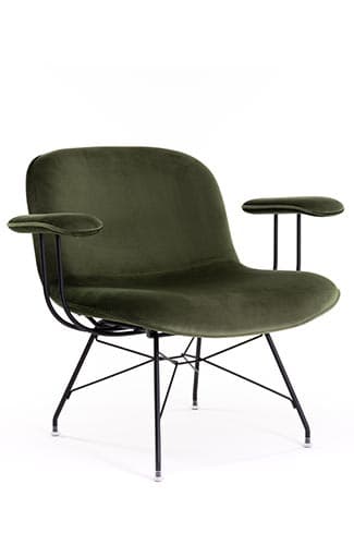 A low-slung lounge chair upholstered in dark olive green velvet, featuring a wide, contoured seat and back, and supported by a sculptural black wire base. It includes small, padded armrests with minimalist black metal supports. — 3D model