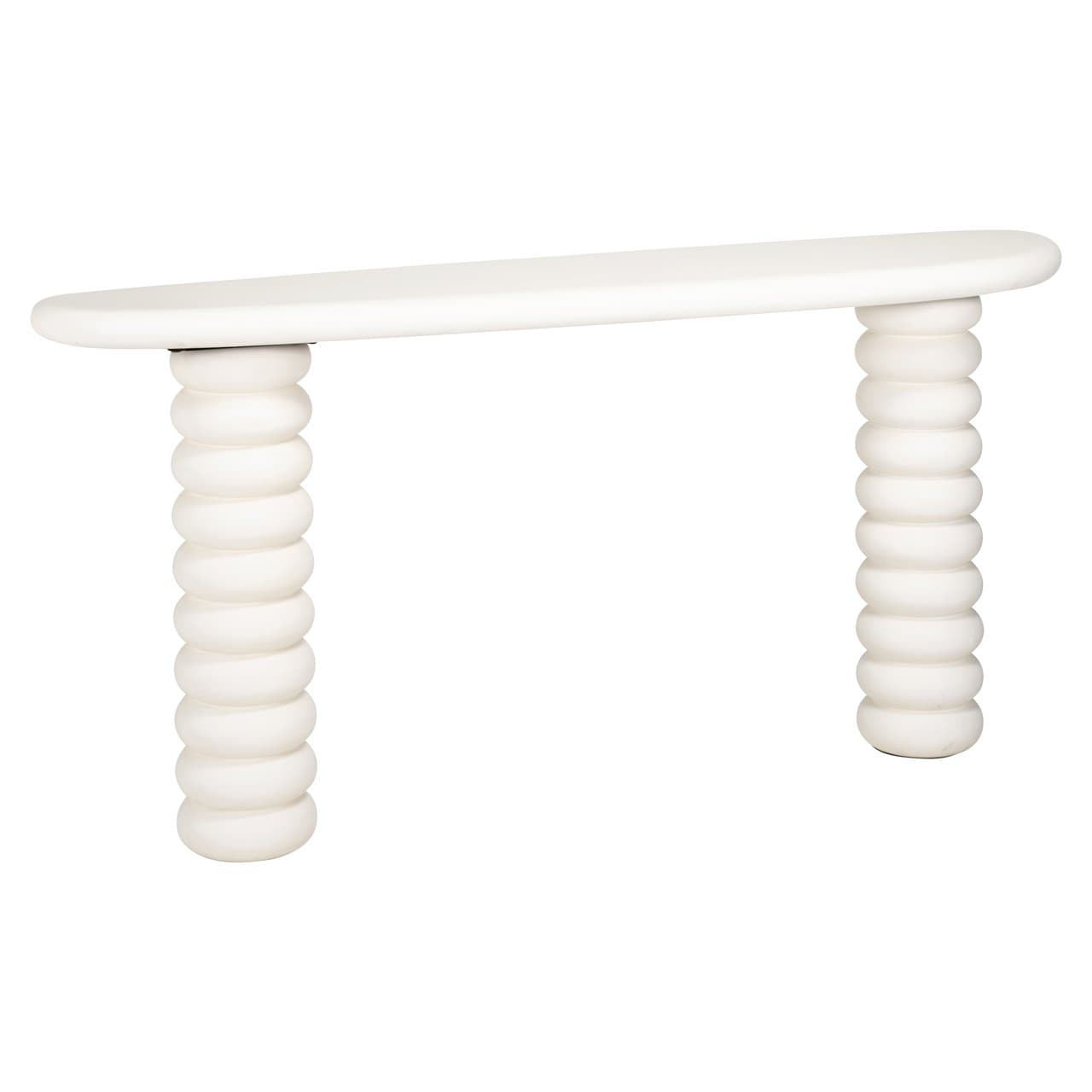 A white console table with an oval-shaped top and two cylindrical legs. The legs are composed of stacked, rounded elements resembling beads or discs. — 3D model