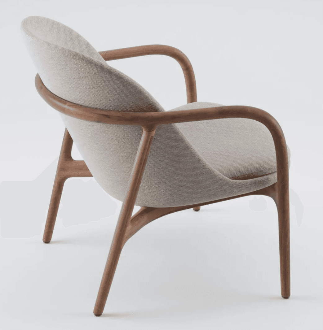 A contemporary lounge chair featuring a gracefully curved solid wood frame, likely walnut, that form… — 3D model