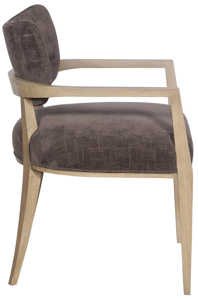 A contemporary armchair featuring a light-toned wooden frame with open, rectangular armrests and tapered legs. The seat and separate backrest cushion are upholstered in a dark, textured fabric with a subtle woven pattern. — 3D model