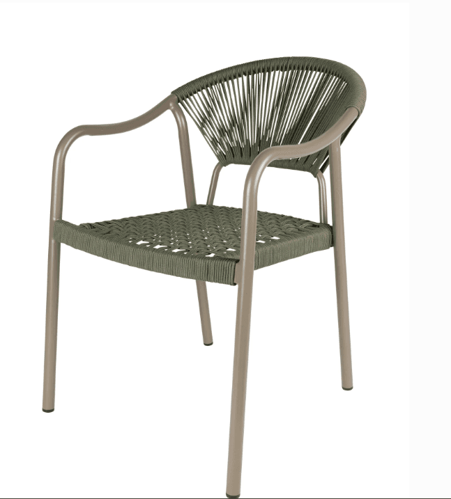 A modern armchair featuring a robust metal frame and intricate olive green woven cord detailing for both the seat and backrest. The frame is a muted taupe, and the backrest showcases a radial pattern of individual cords, contrasting with the tighter, braided weave of the seat. The chair is designed with integral armrests that flow seamlessly from the back legs. — 3D model