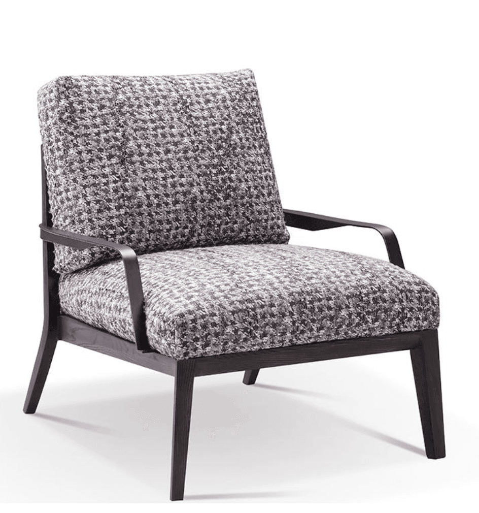 An upholstered lounge armchair featuring a dark brown stained wooden frame, plump seat and back cush… — 3D model