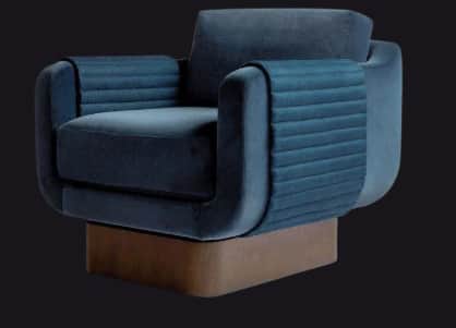 A contemporary armchair upholstered in dark teal velvet, featuring a rounded silhouette, ribbed armr… — free OBJ 3D model