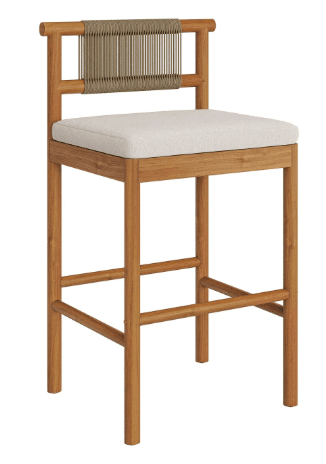 A modern bar stool featuring a wooden frame, an upholstered seat, and a distinctive woven backrest. — 3D model
