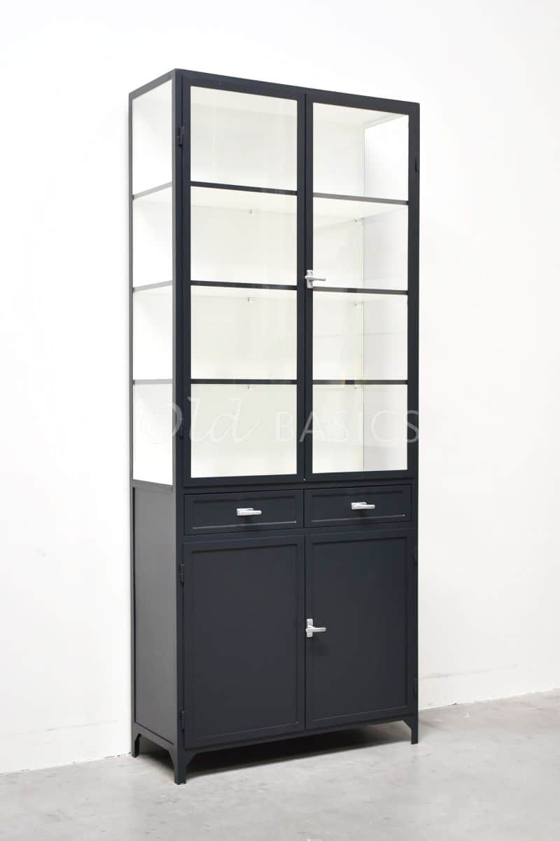 A tall, black industrial-style cabinet featuring an upper section with two frosted glass-paned doors… — 3D model