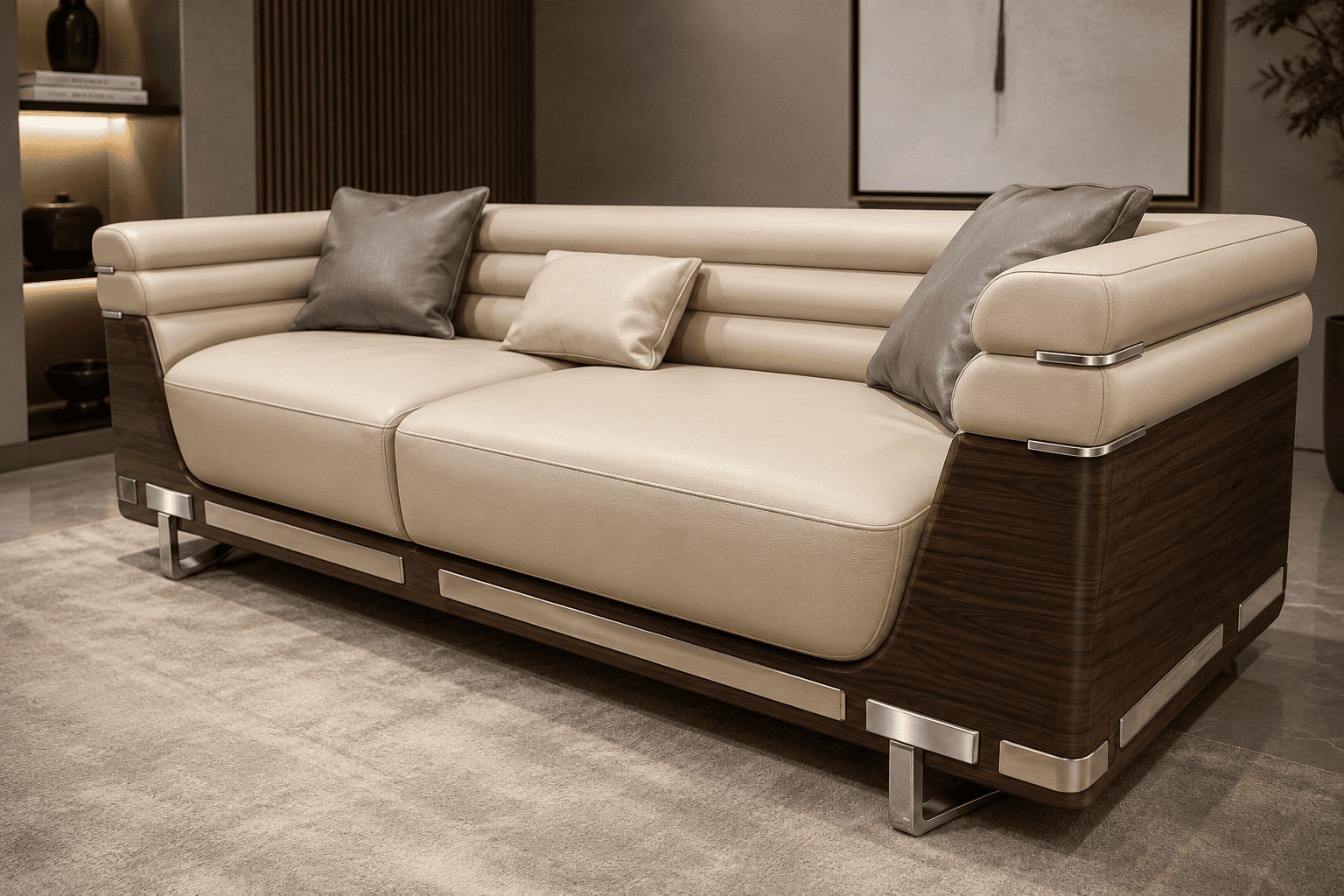 A contemporary two-seater sofa featuring cream-colored leather upholstery, dark wood paneling, and p… — 3D model