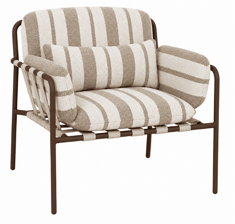 A modern lounge chair featuring a sturdy dark brown tubular metal frame, complemented by thick, comfortable upholstered cushions for the seat and back. The cushions are covered in a textured fabric patterned with broad, alternating stripes of beige and off-white. The seat and back are further supported by a grid of light beige fabric or leatherette straps woven across the frame, providing both structure and a design element. A matching lumbar pillow is included for added comfort. — 3D model