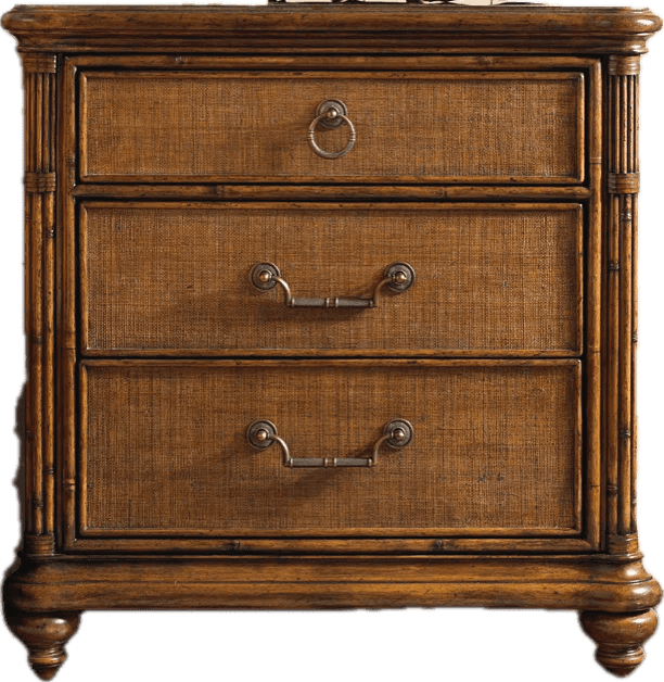 A compact, three-drawer nightstand crafted from dark-toned wood with decorative cane drawer fronts a… — 3D model
