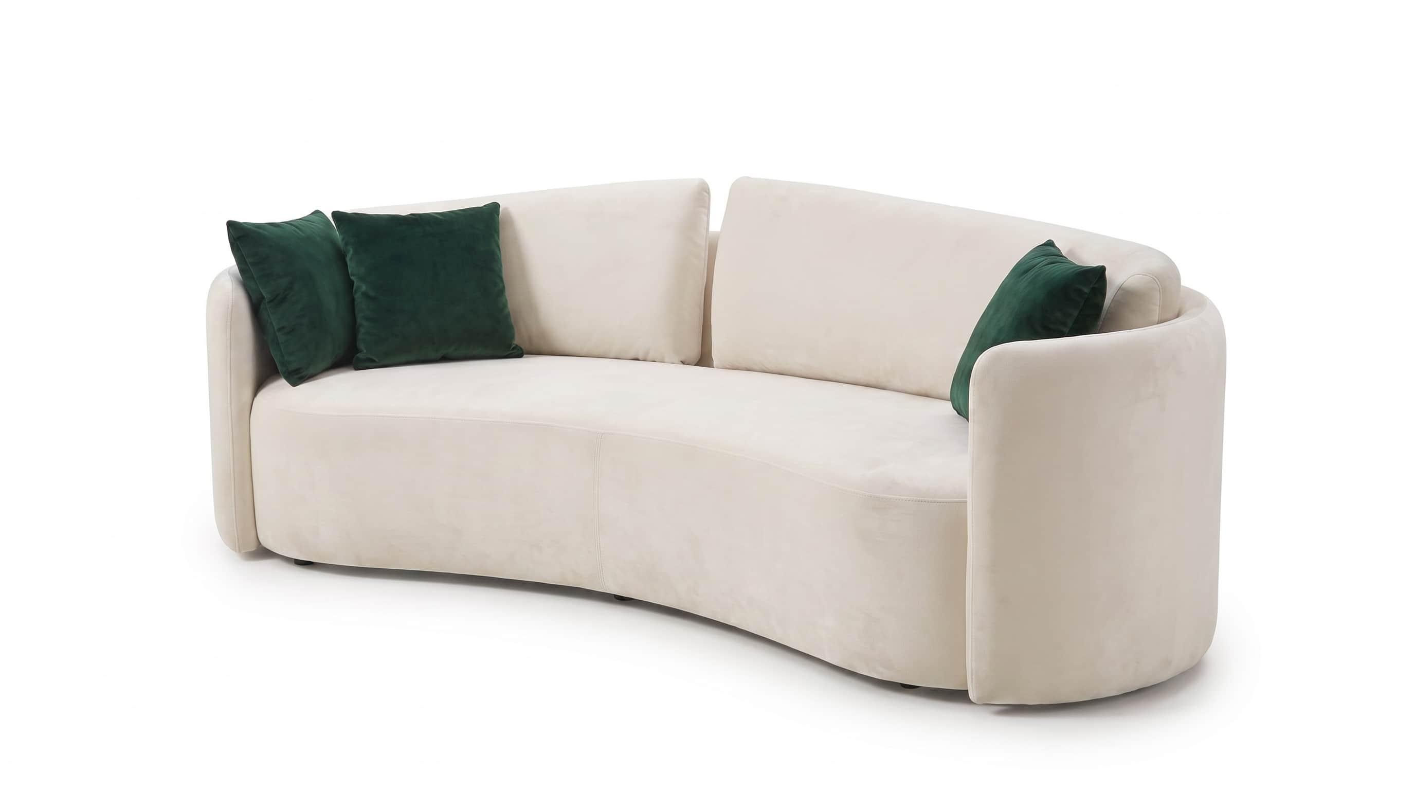 A contemporary curved sofa upholstered in a cream-colored velvet fabric, featuring a distinctive cre… — 3D model