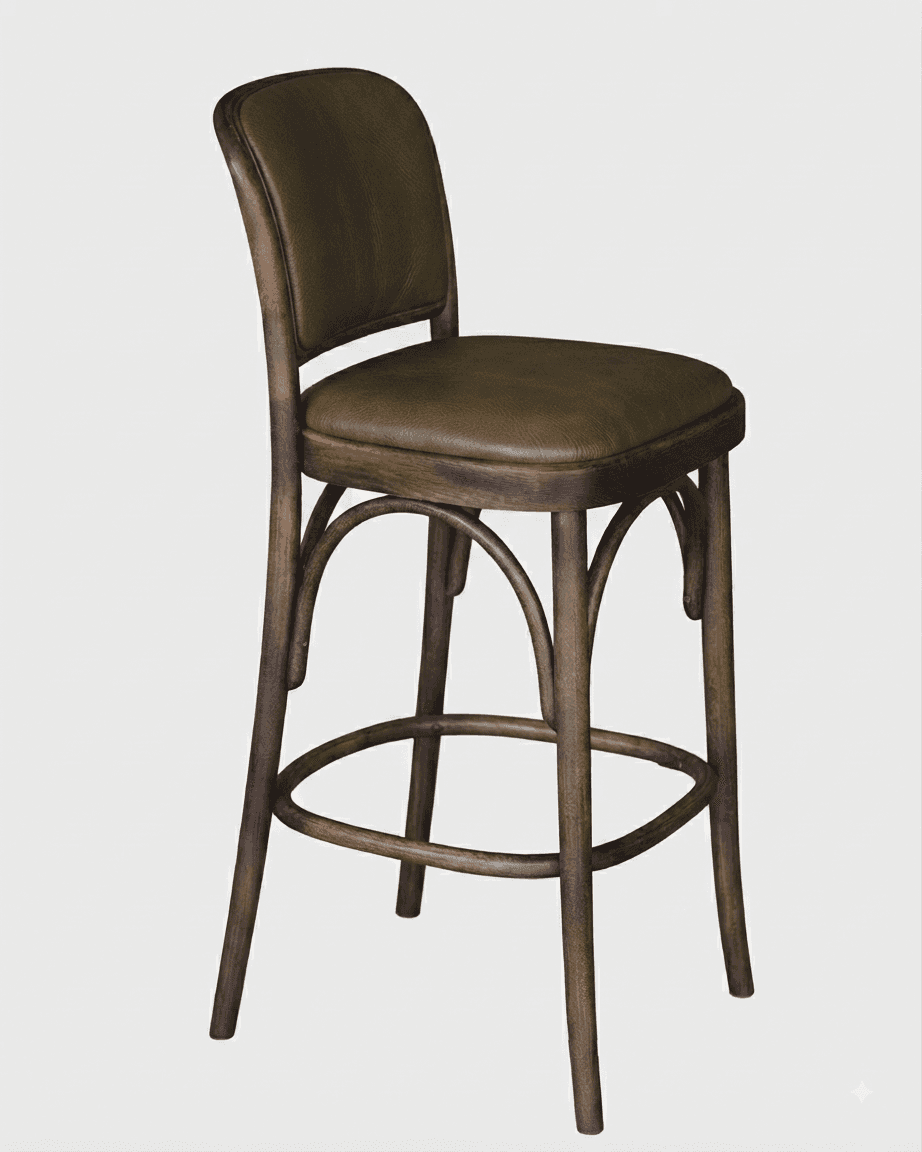 A classic bentwood bar stool featuring a dark stained wooden frame and olive green upholstered seat… — 3D model