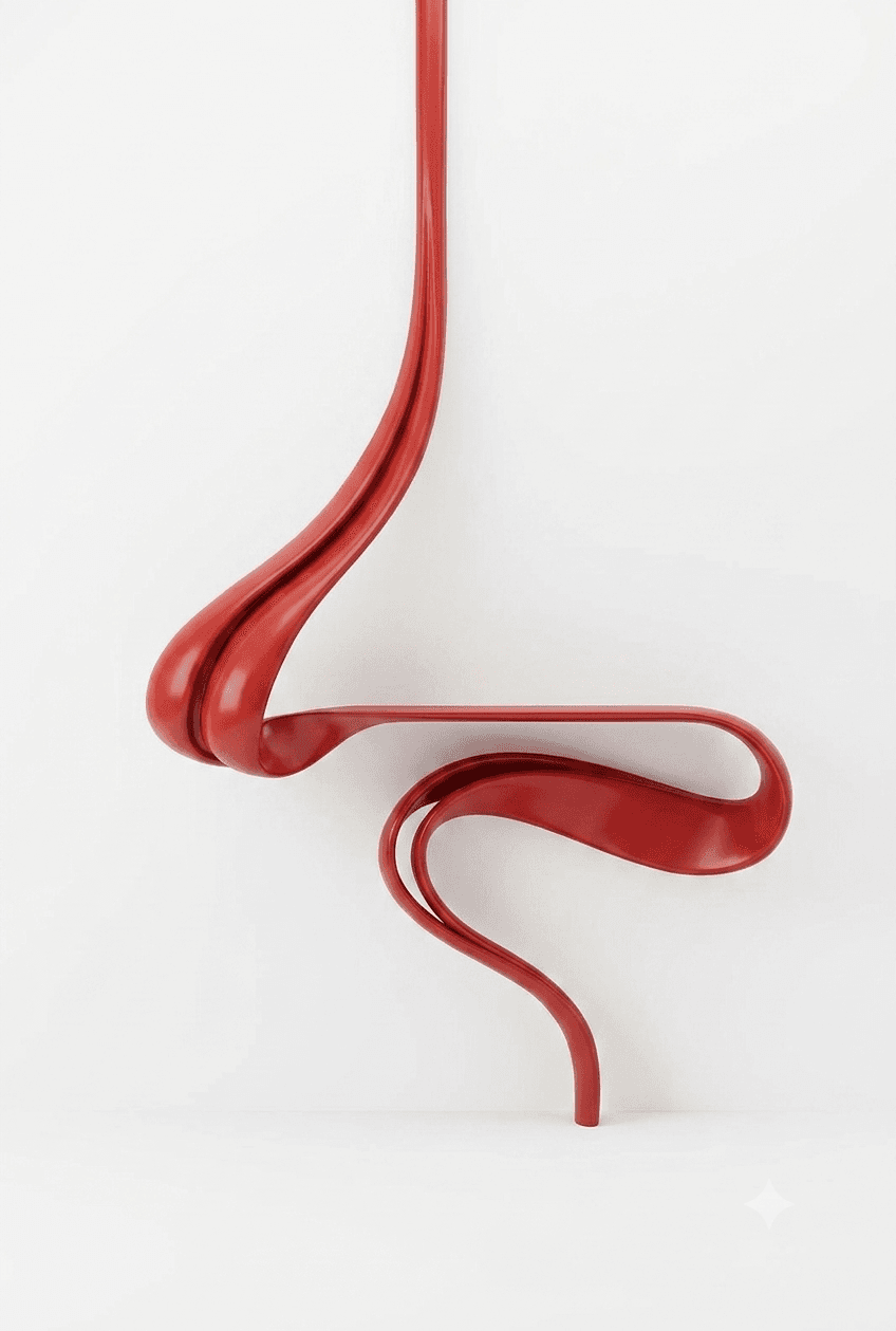 A vibrant red, avant-garde, wall-mounted console table featuring fluid, sculptural lines and a narrow display surface. — 3D model