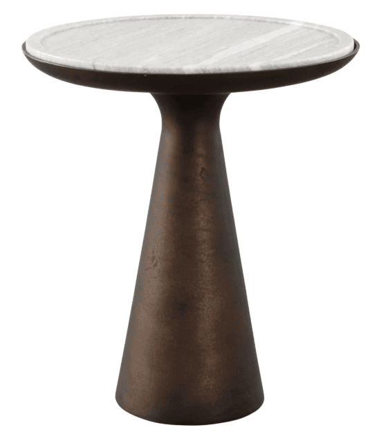 A contemporary round accent table featuring a circular white and grey veined marble top. The marble slab is recessed into a dark, likely bronze-finished, metal frame which then transitions to a sculptural, conical pedestal base that tapers downwards. — 3D model