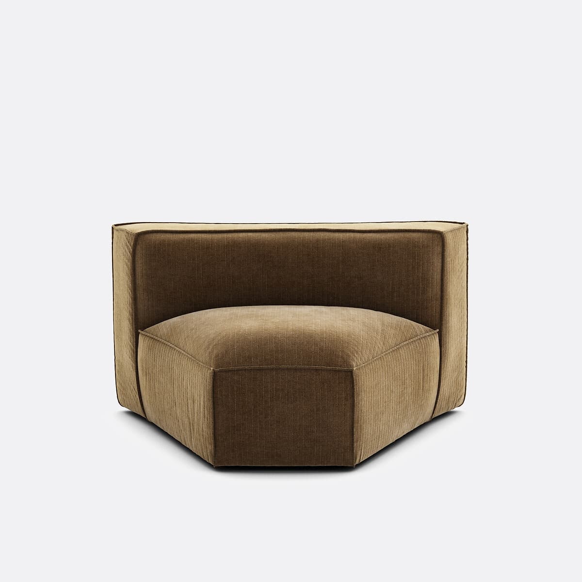 A modular armchair with a low profile and a geometric design. The upholstery features a corduroy-like texture with vertical ribbing. The seat is a rounded pentagonal shape, and the backrest is straight and slightly curved to form a corner unit. The frame appears to be upholstered, with visible piping along the seams. — 3D model
