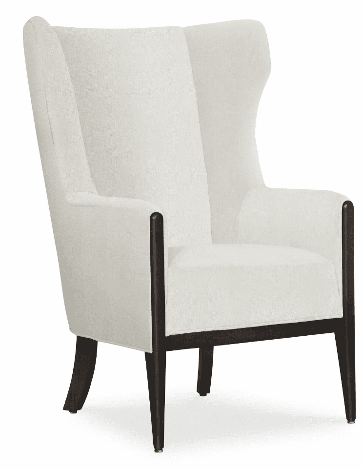 A modern wingback armchair featuring an exposed dark wood frame and light-colored fabric upholstery. The chair has a tall, structured back with subtle wings that extend forward, providing a sense of enclosure. The arms are gently curved, with the wood frame extending upwards to form the armrests before transitioning into the upholstered back. Tapered cylindrical legs support the chair, and the overall design combines traditional wingback elements with a contemporary aesthetic. — 3D model