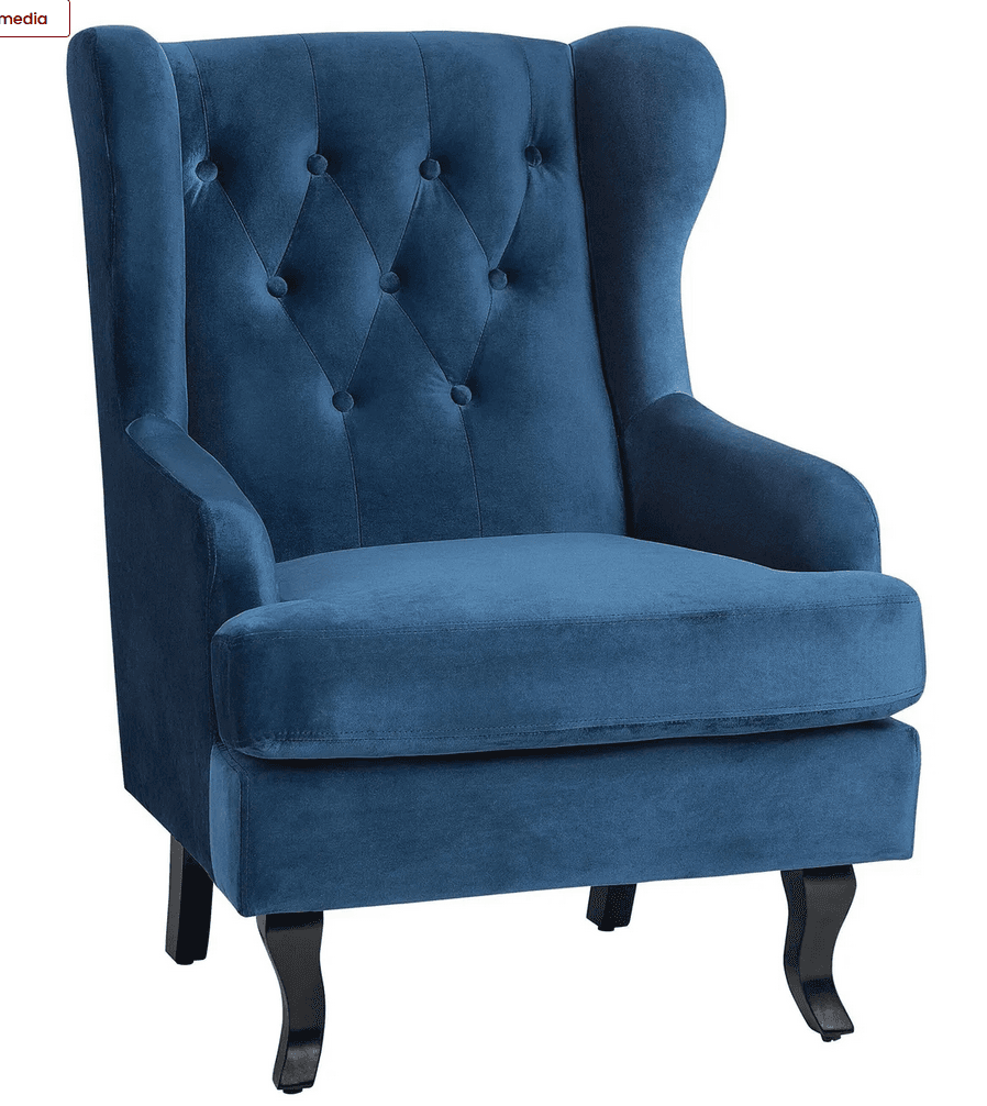 A stately wingback armchair upholstered in deep blue velvet fabric. It features a high back with distinctive wings that curve forward, and the backrest is adorned with diamond-patterned button tufting. The seat is a plush, removable cushion. The chair has rolled armrests and stands on dark wooden legs, with the front two legs exhibiting a graceful, curved cabriole-style design. — 3D model