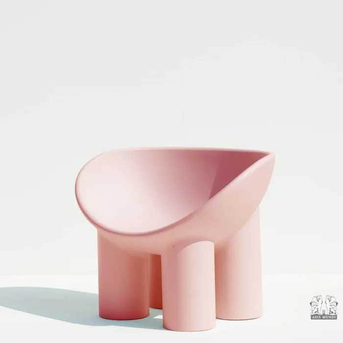 A uniquely designed chair with a rounded, shell-like seat and three cylindrical legs. The overall fo… — 3D model