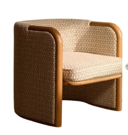 A contemporary upholstered tub chair featuring a rounded back and seat, with a distinctive exposed light wood frame. The chair is upholstered in a beige or tan fabric with a subtle geometric pattern. It includes a separate, well-cushioned seat pad. — 3D model