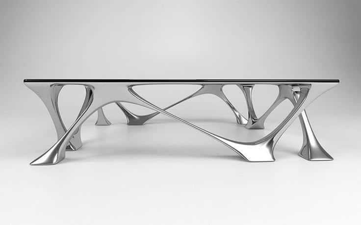 A modern coffee table featuring a rectangular black glass top supported by a highly sculptural, poli… — free STL 3D model