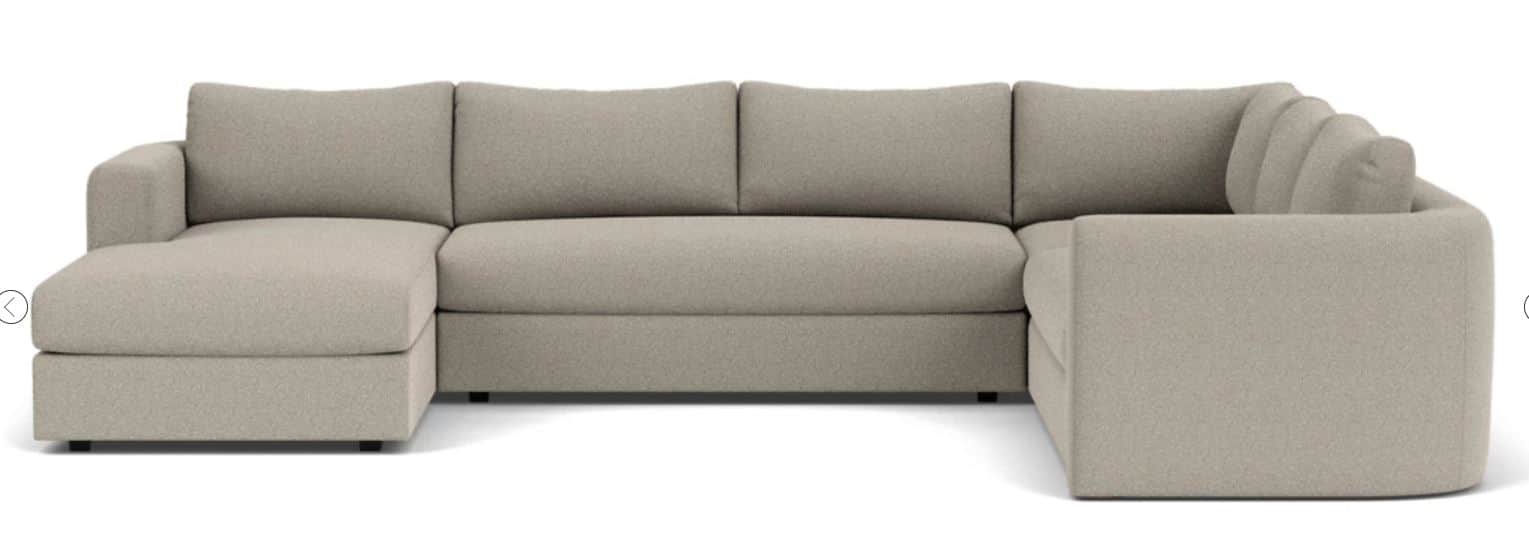 A large, contemporary U-shaped sectional sofa upholstered in a light beige or greige textured fabric… — 3D model