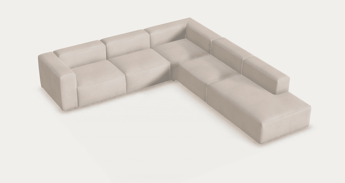 An L-shaped sectional sofa composed of multiple modular upholstered units, including a chaise lounge extension, rendered in a light, neutral fabric. — 3D model