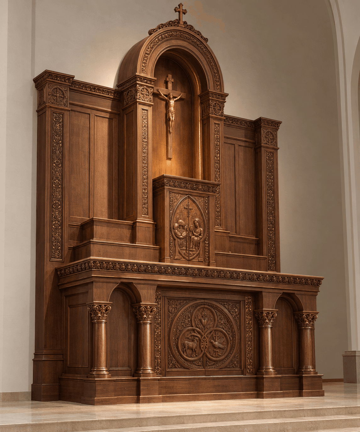 An intricately carved wooden altar featuring a reredos (altar screen) with an arched niche, housing a brass crucifix. The piece is constructed from rich, dark-stained wood, exhibiting detailed relief carvings, fluted columns, and decorative paneling. The lower section functions as the altar table, adorned with circular motifs and additional carved elements, while the upper structure rises to frame the central crucifix with architectural grandeur. — 3D model