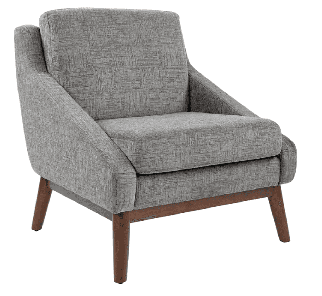 A modern grey upholstered accent armchair featuring a textured fabric, a low back, integrated gently… — 3D model