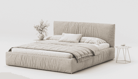 A king-size upholstered bed frame with a plush headboard featuring a ruched or gathered fabric desig… — free OBJ 3D model