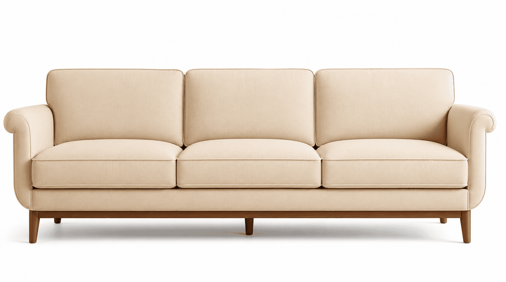 A three-seater sofa with upholstered cushions and a wooden frame. The sofa features a cream-colored… — free OBJ 3D model