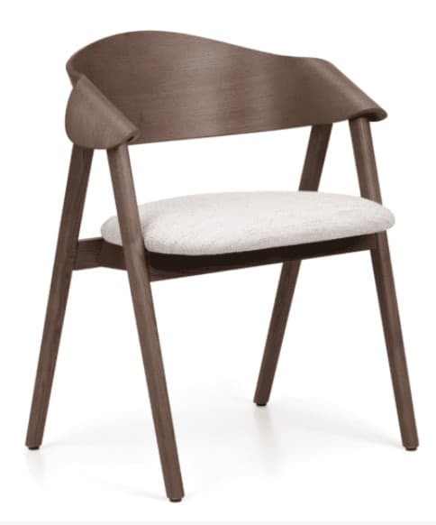 A contemporary dining armchair featuring a dark walnut-finished wooden frame with a curved backrest and integrated armrests. The seat is upholstered in a light, textured fabric, complementing the slender, tapered legs. — 3D model