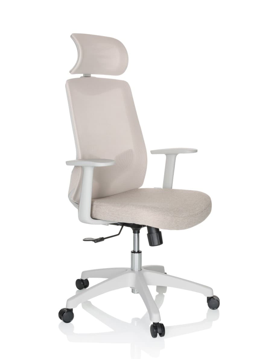 A modern ergonomic office chair featuring a light beige breathable mesh back, a matching upholstered seat, an adjustable padded headrest, and height-adjustable armrests, all supported by a white five-star base with casters and a polished metal gas lift. — 3D model