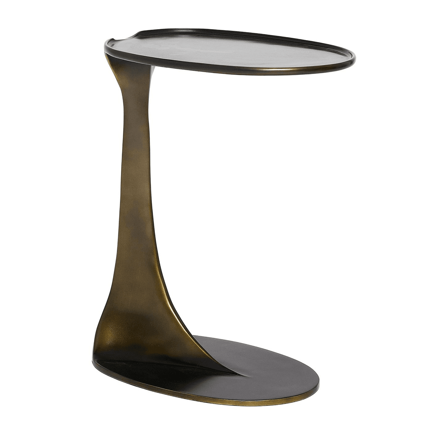 A modern accent table with a C-shaped profile, featuring a smooth, slightly curved tabletop and a flowing, sculptural base. The base extends from a wider, flattened elliptical foot to a slender, tapering stem that supports the tabletop. The design is characterized by its minimalist aesthetic and organic curves. — 3D model