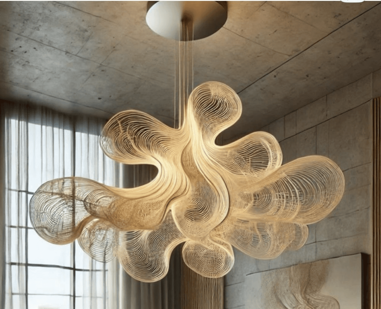 A contemporary sculptural chandelier featuring an organic, cloud-like form composed of delicate, int… — 3D model