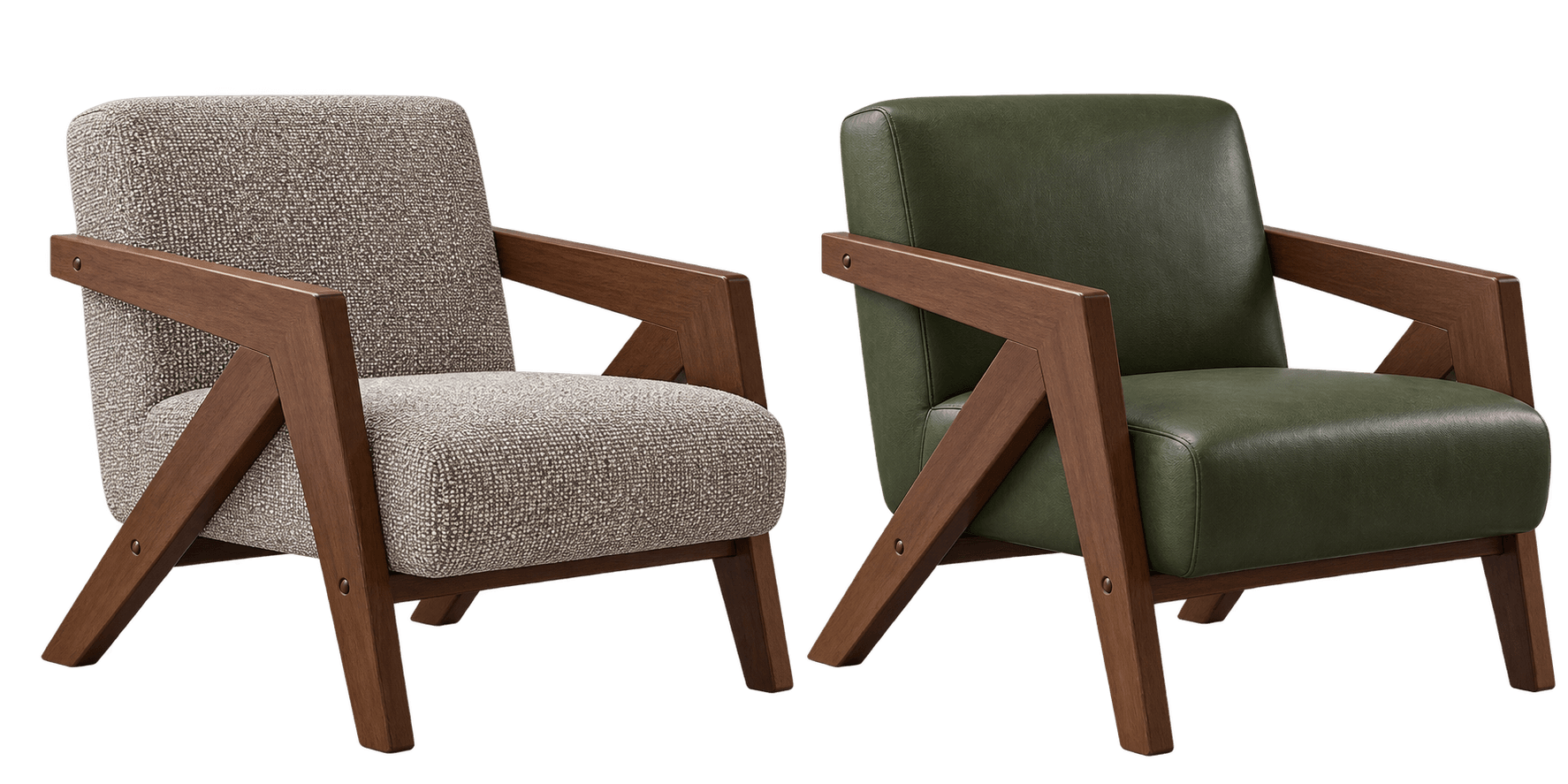 A modern upholstered armchair featuring an exposed, angular wooden frame. The seat, backrest, and armrest pads are upholstered in a light grey, textured fabric, contrasting with the dark brown wood. The design emphasizes clean lines and a structural aesthetic. — 3D model