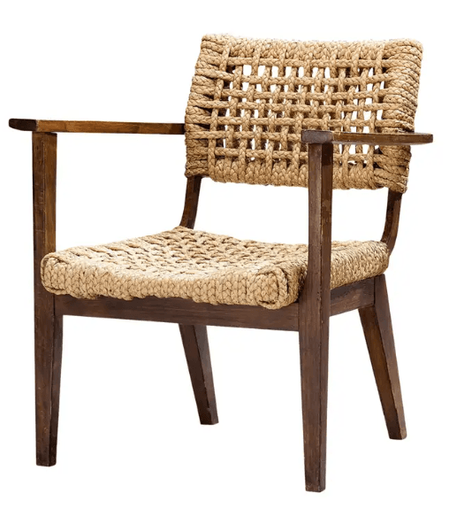 An armchair featuring a dark brown wooden frame and intricately woven natural jute rope for both the seat and backrest. The frame includes straight, rectangular armrests and four sturdy, slightly tapered legs. The woven pattern on the seat and back creates an open, breathable design, giving the chair a rustic yet refined aesthetic. — 3D model
