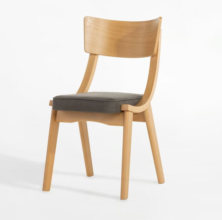 A modern dining chair constructed from light-colored wood with a gently curved backrest. It features a cushioned seat in a dark gray fabric. The legs are straight and tapered, and the overall design is minimalist and ergonomic. — 3D model
