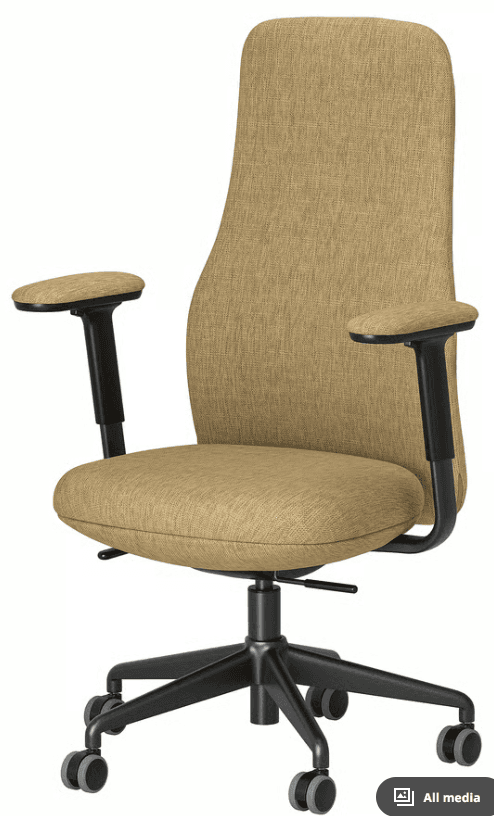 A modern ergonomic office chair featuring a high backrest and seat, both upholstered in a textured beige fabric. It has adjustable T-shaped armrests with upholstered pads, a black plastic or metal frame, and a five-star base equipped with dual-wheel casters for mobility. The chair includes a mechanism for height adjustment and swivel functionality. — 3D model