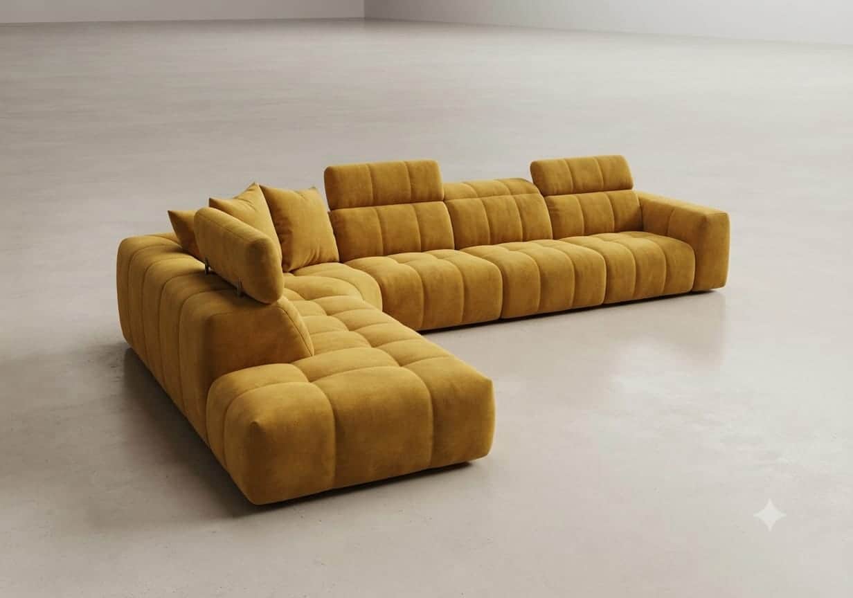 A large, modular sectional sofa with an L-shaped configuration, upholstered in a rich mustard yellow… — 3D model