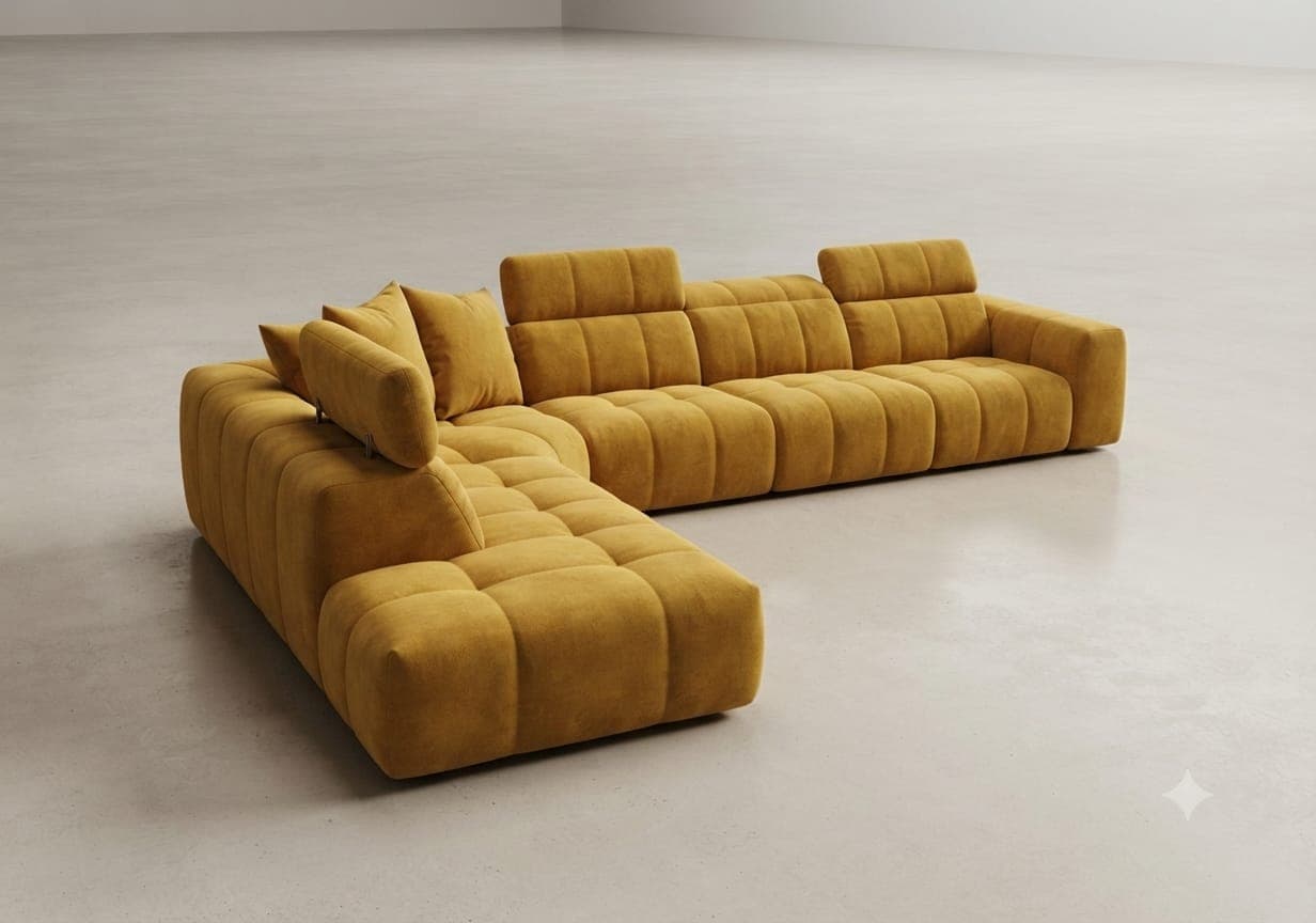 A large, modular sectional sofa with an L-shaped configuration, upholstered in a rich mustard yellow fabric. The design features deep channel tufting across all cushions, backrests, and armrests, creating a plush and contemporary aesthetic. It includes integrated backrests with additional loose cushions at the corner. — 3D model