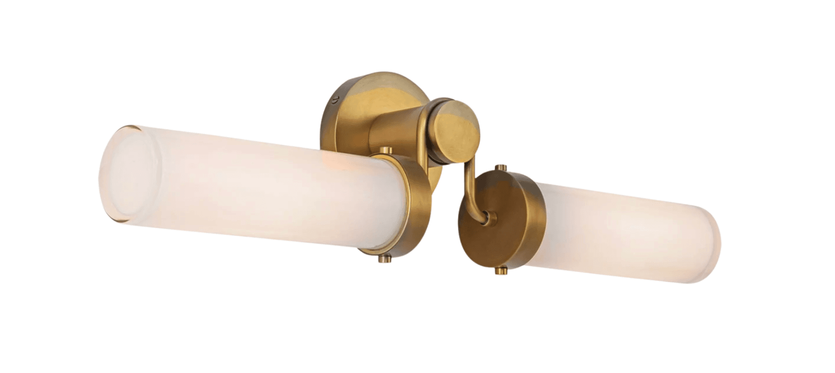 A contemporary two-light wall sconce featuring a brushed brass finish and two cylindrical frosted glass shades. It is mounted on a circular backplate and designed for horizontal orientation, typically used in bathrooms or hallways. — 3D model