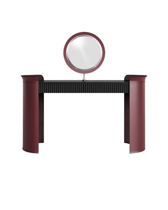 A modern vanity desk featuring a sleek, elongated oval tabletop in black, supported by two dramatic U-shaped legs finished in a dark red/burgundy lacquer. An integrated oval mirror with a matching burgundy frame is mounted on a small gold-toned stand at the center of the tabletop. The front panel beneath the tabletop features a fluted or ribbed texture, providing a distinct decorative detail. The overall design emphasizes smooth curves and a refined, contemporary aesthetic. — 3D model