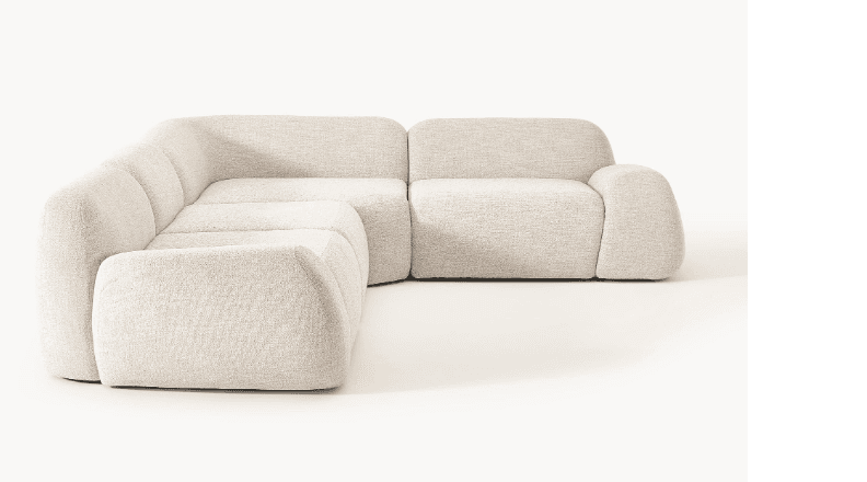 A modular sectional sofa with rounded edges and a plush, textured upholstery. The design features deep seating and a low profile, composed of multiple connected modules forming an L-shape. — 3D model