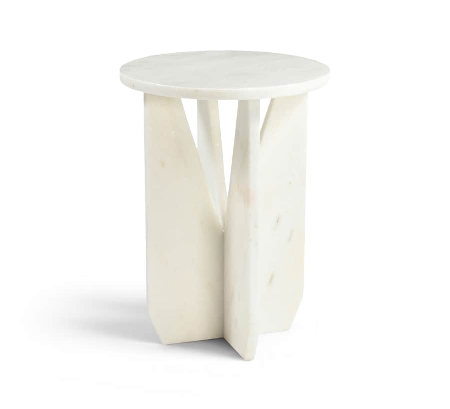 A modern, minimalist side table crafted entirely from white marble. It features a circular tabletop… — 3D model