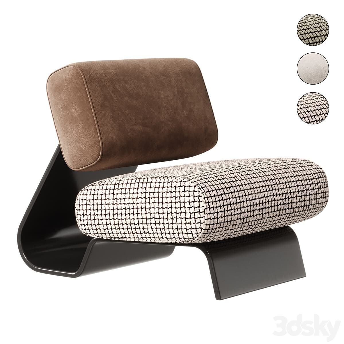A modern, low-profile armless lounge chair featuring a dark, continuously curved sculptural base, a brown upholstered back cushion, and a patterned upholstered seat cushion. — 3D model