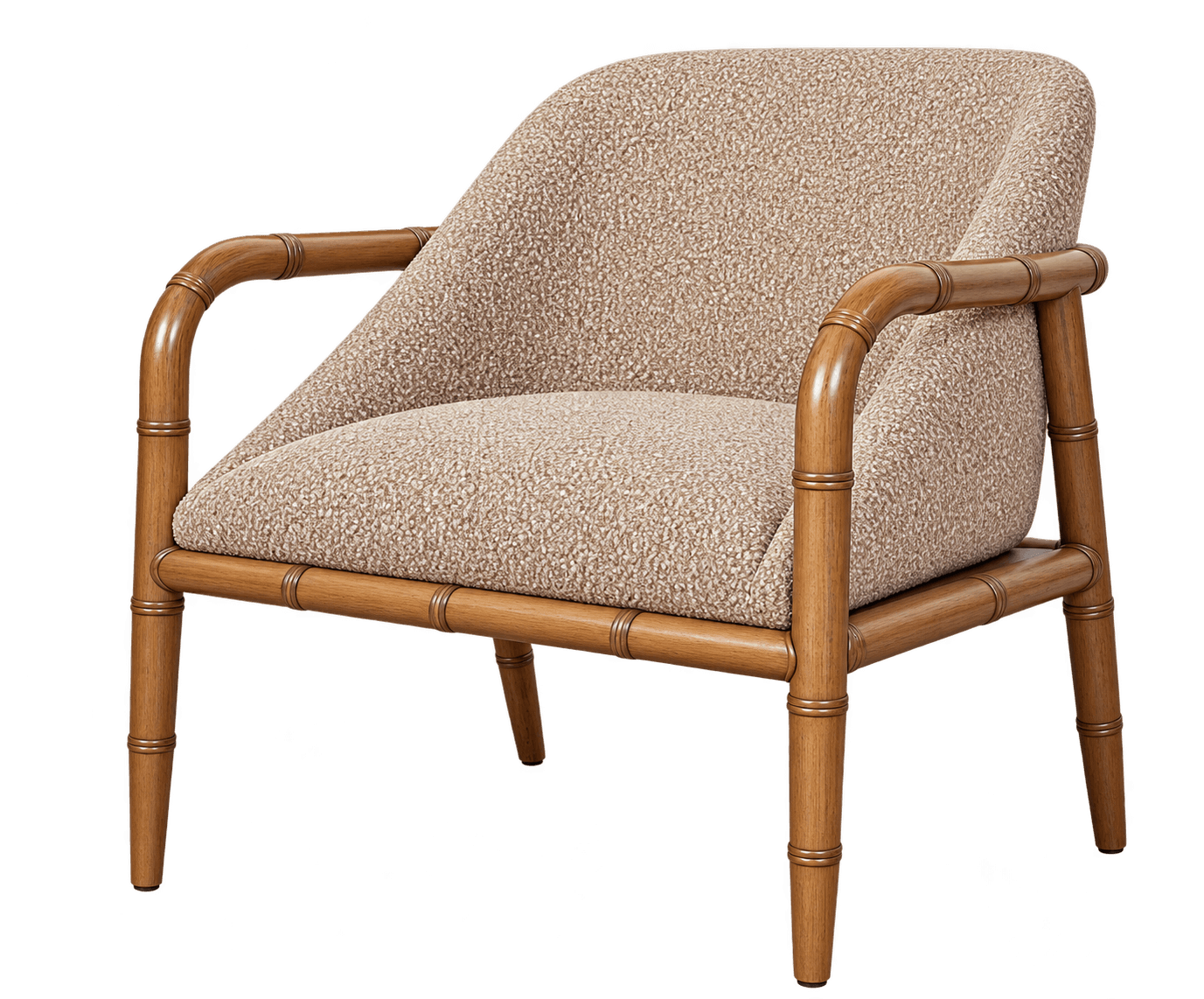 An upholstered armchair featuring a faux bamboo wooden frame and light-colored, textured bouclé fabric upholstery. — 3D model