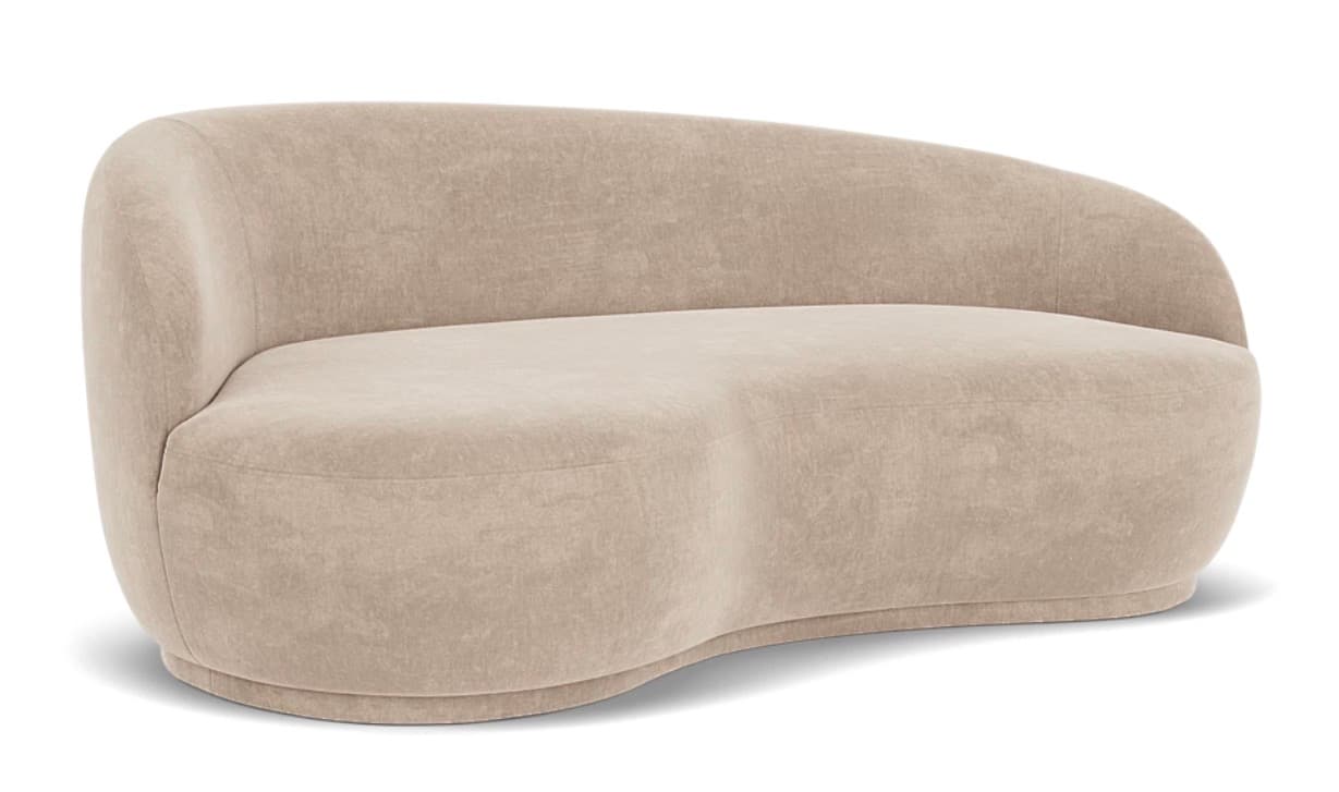 A contemporary, curved sofa with a rounded silhouette. It features a single, continuous seat and backrest, designed to accommodate multiple occupants. The base is low-profile and integrated into the overall curved form. The upholstery appears to be a soft, textured fabric. — 3D model