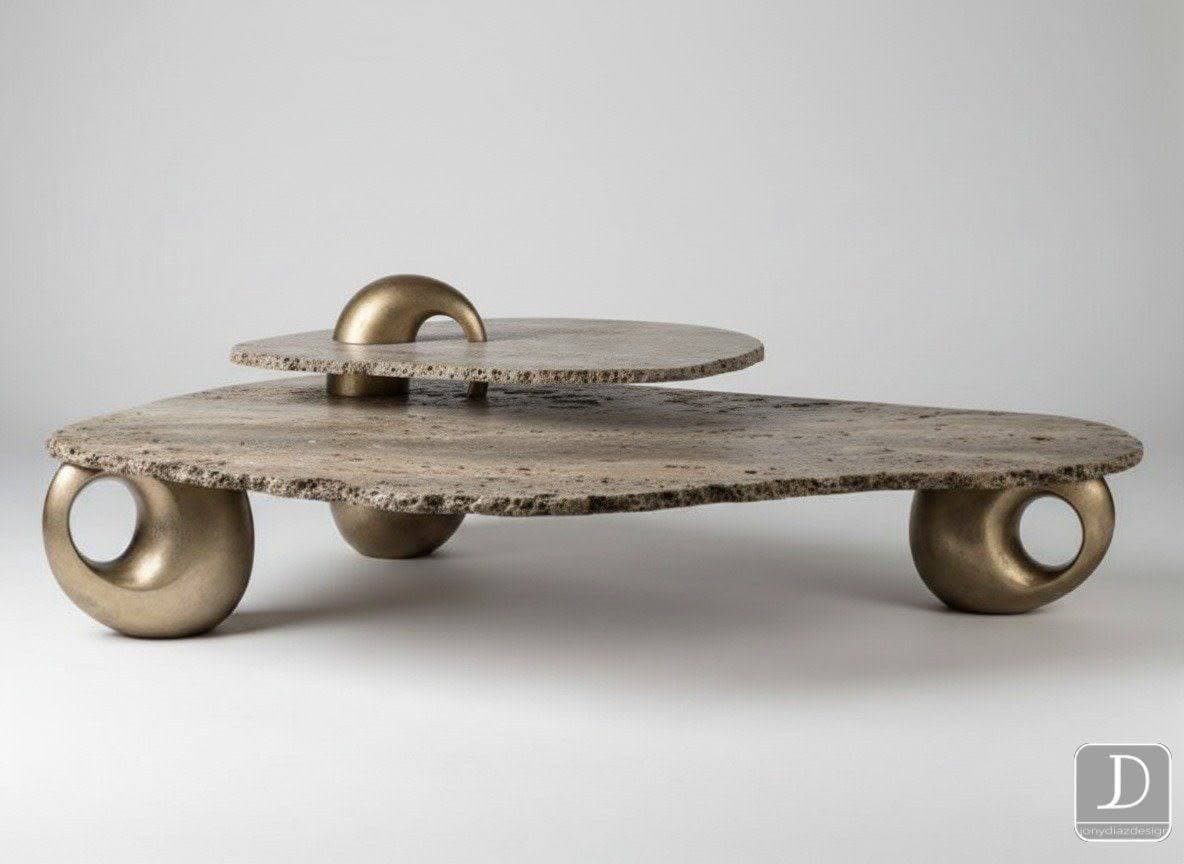 A sculptural, multi-tiered accent table featuring two irregular, rough-textured slabs, likely made of a stone-like composite material in a light gray or beige tone. The lower slab is supported by three polished brass toroidal (ring-shaped) legs. A smaller, irregularly shaped top slab rests slightly above the lower one, adorned with a small, curved polished brass handle-like element. The design evokes an organic, brutalist, and contemporary aesthetic. — 3D model
