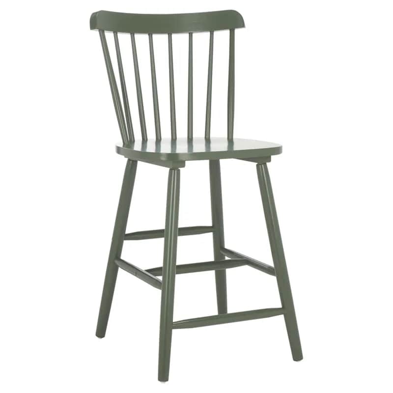 A dark green, wooden counter stool featuring a classic spindle back design. The stool has a solid, s… — free SKP 3D model