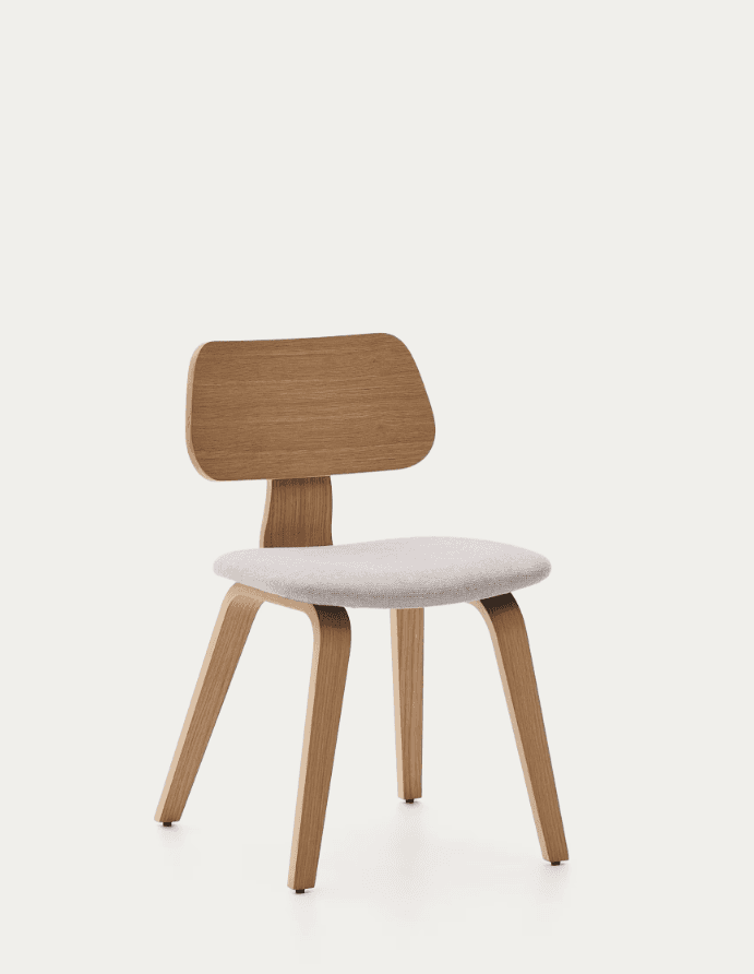 An armless dining chair featuring a light-toned wooden frame, a curved plywood backrest, and an upho… — 3D model